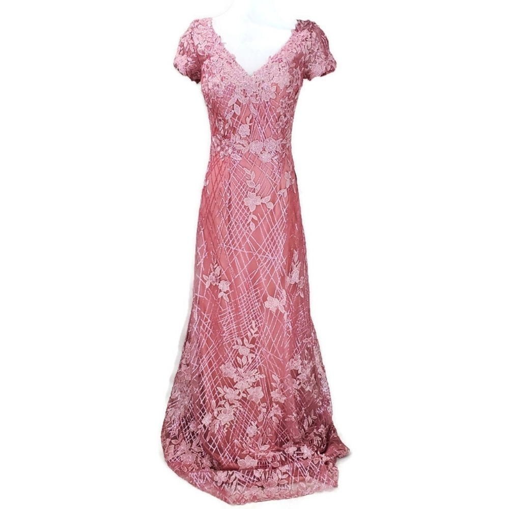 Alyce Paris Dusty Rose Lace V-Neck Maxi Gown